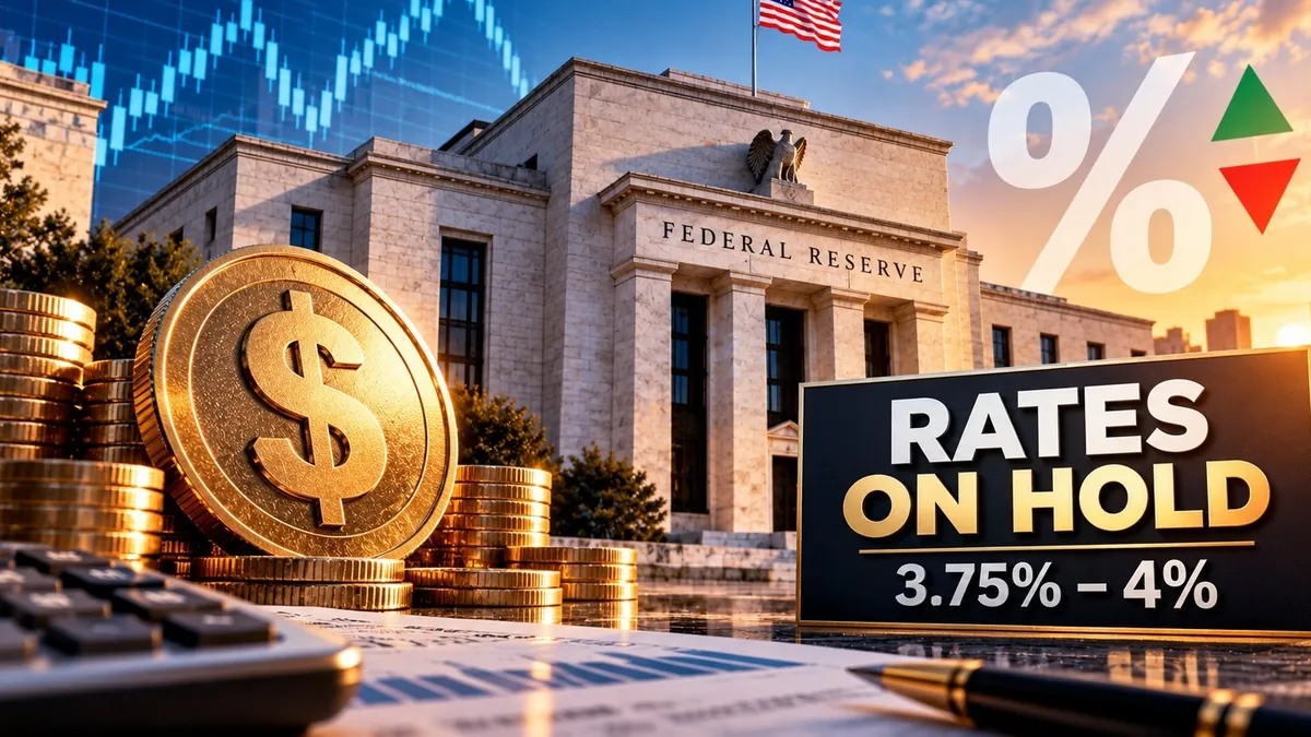 Illustration of the Federal Reserve building at sunset with stacks of gold coins, a calculator, a percent sign and a sign reading Rates on hold, 3.75% to 4%