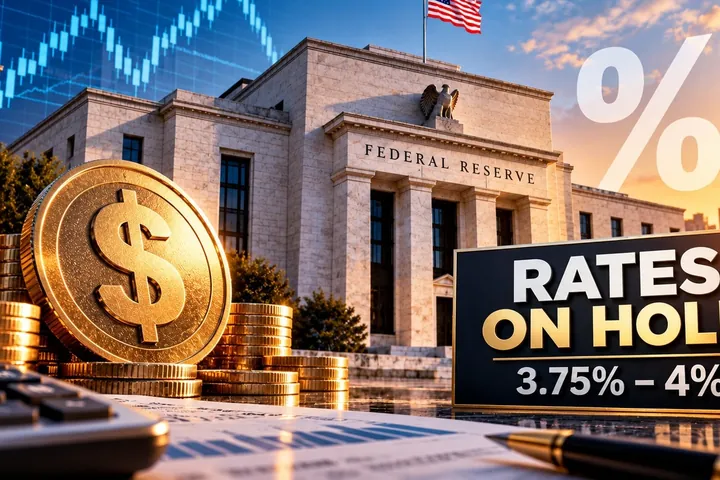 Illustration of the Federal Reserve building at sunset with stacks of gold coins, a calculator, a percent sign and a sign reading Rates on hold, 3.75% to 4%