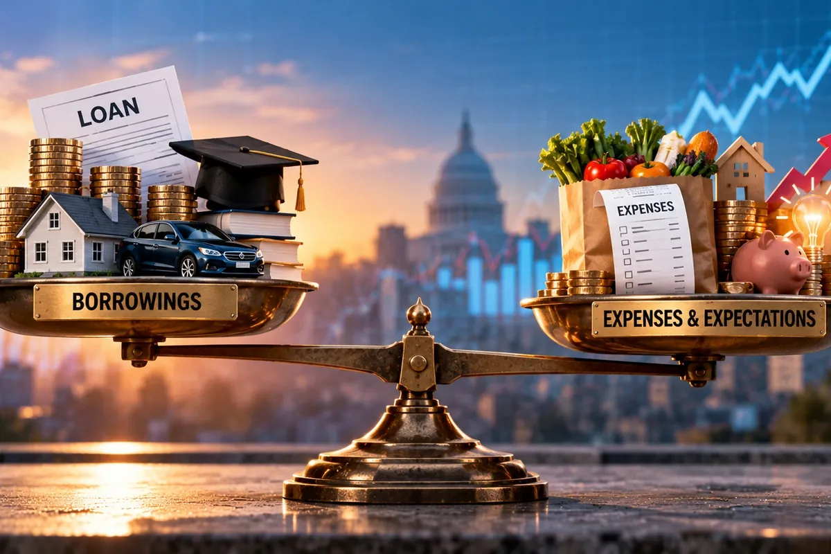 Illustration of a brass balance scale with borrowings such as a house, car, student books and a loan form on one side, and everyday costs such as groceries, a receipt and a piggy bank on the other