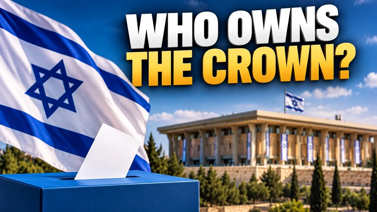 Illustration of an Israeli flag and a blue ballot box with a ballot slip, in front of the Knesset building, with the text Who owns the crown