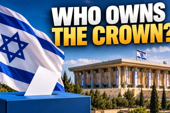 Illustration of an Israeli flag and a blue ballot box with a ballot slip, in front of the Knesset building, with the text Who owns the crown