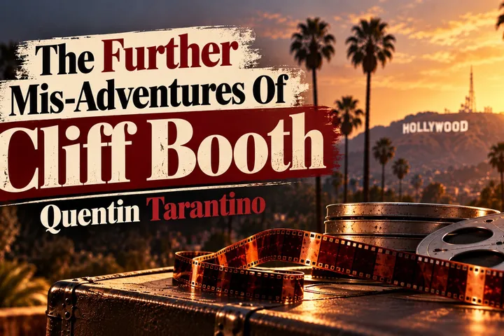 Sunset over the Hollywood sign with palm trees, film reels and film strip, with the title text The Further Mis-Adventures of Cliff Booth and Quentin Tarantino